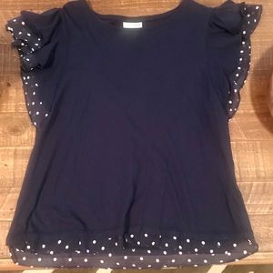 Navy top with polka dot ruffles